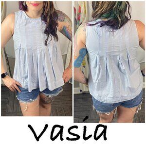 Vasia blue and white striped cotton pleated Flowy sleeveless top. Resort style